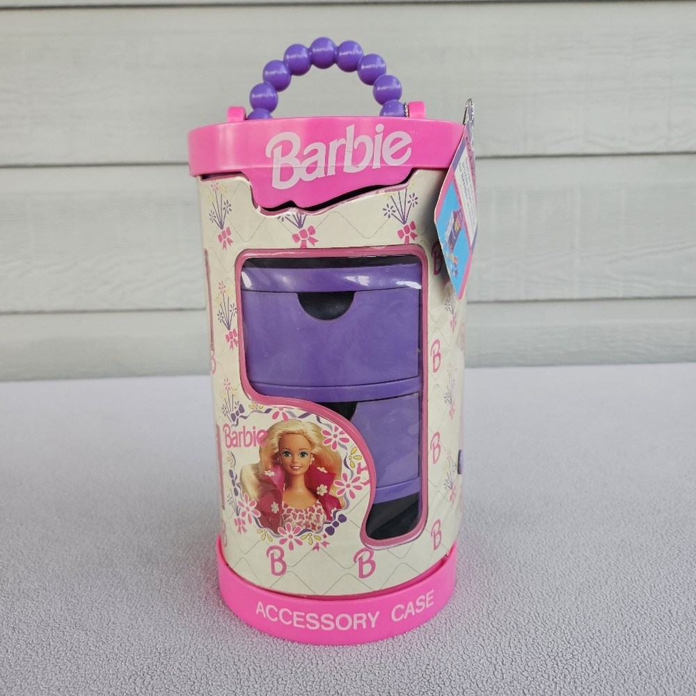 VTG Barbie Round Accessory Storage Case Mattel Pink Purple Drawers Shelves 1994